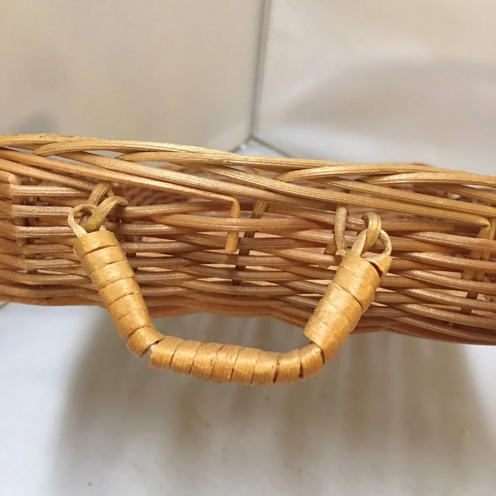 Woven Wicker Serving Tray Unisex Medium Tan Rectangular with Handles Cottagecore